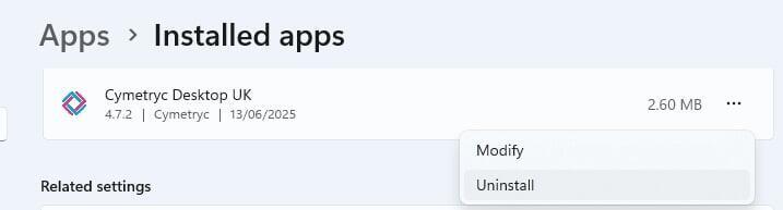 Image of uninstall in Windows Settings, Apps, Installed Apps