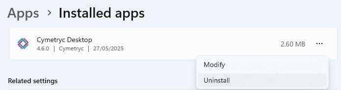 Image of uninstall in Windows Settings, Apps, Installed Apps